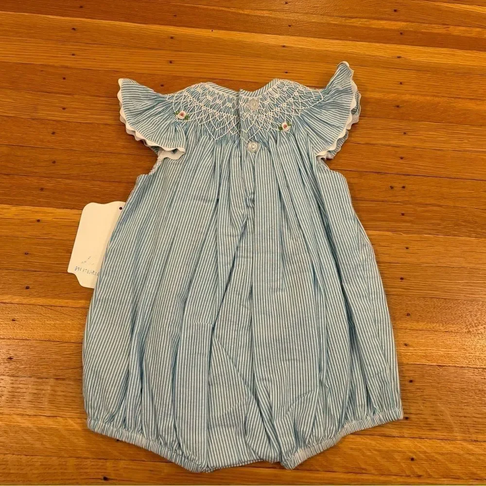 Smocked blue/white embroidered short sleeve stripe seersucker romper NWT